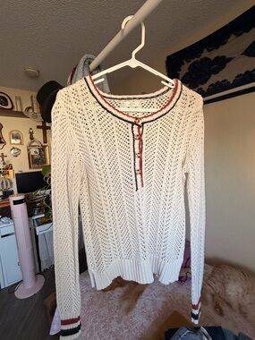 Volcom White Open-Knit Sweater with Red and Black Trim